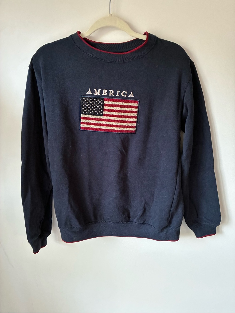Vintage Flag Sweater Women’s S American Flag French Knot Embroidered Navy Y2K